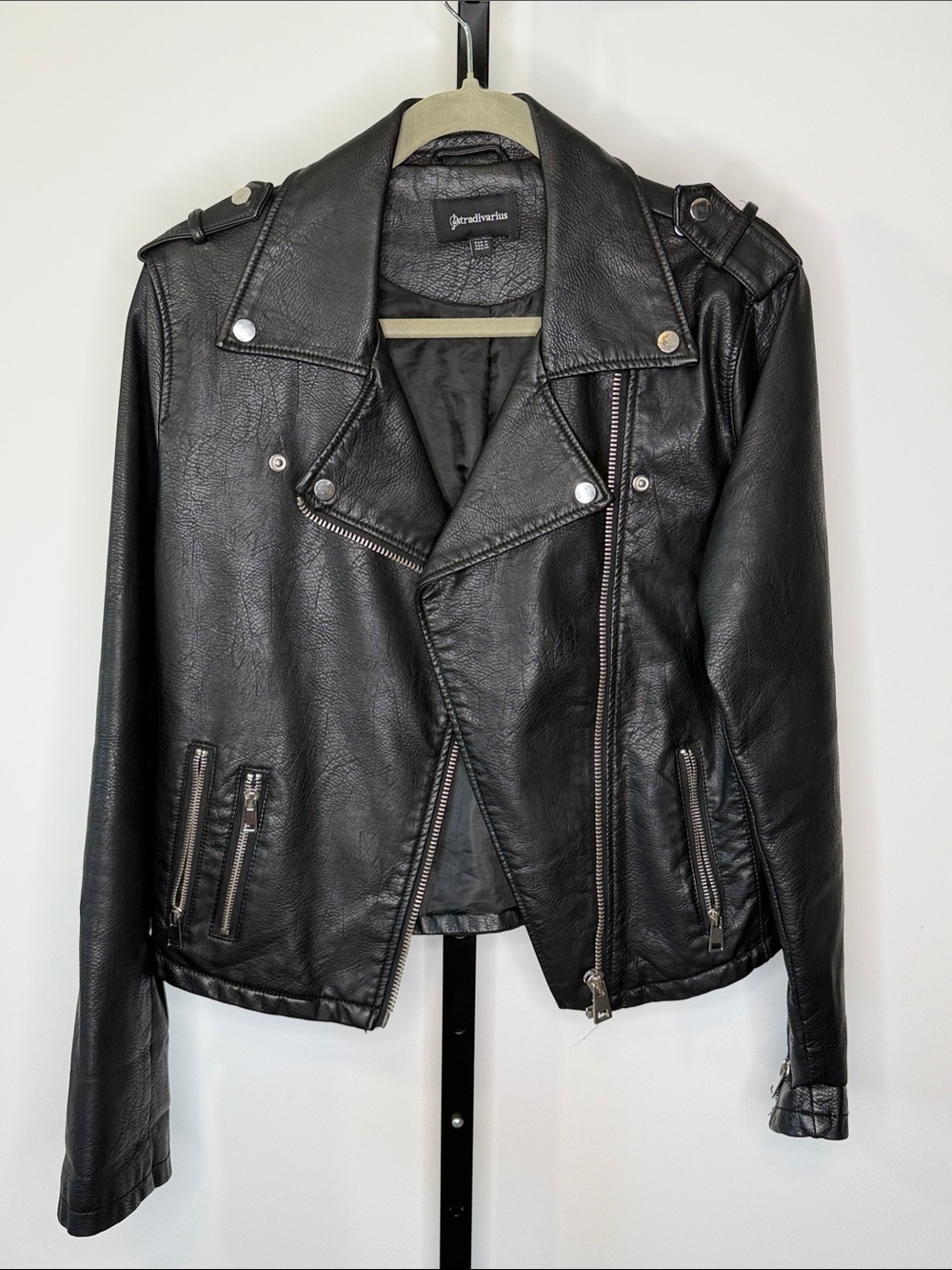 Stradivarius Black Faux Leather Biker Jacket with Silver Hardware